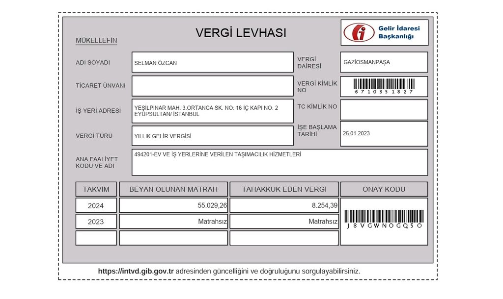 Ef Nakliyat Vergi Levhası